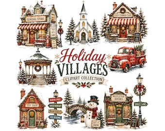 Paquete de imágenes prediseñadas de pueblo navideño vintage / PNG de pueblo navideño, gráficos de tienda de invierno, imágenes prediseñadas de camión rojo y muñeco de nieve para tarjetas de álbumes de recortes