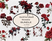 Gothic Red Roses Digital Clipart Bundle, Vintage Floral PNG, Scrapbooking, Wedding Invitation, Planner Stickers, Crafts, Commercial Use