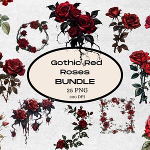 Gothic rote Rosen Digital Clipart Bundle, Vintage Blumen PNG, Scrapbooking, Hochzeitseinladung, Planer Aufkleber, Handwerk, kommerzielle Nutzung
