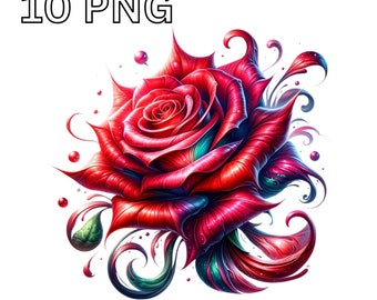 Vibrant Red Rose Clipart Bundle, 10 PNG Files, Digital Download, Commercial Use, Floral Art, Scrapbooking, Invitation Design, DIY Crafts