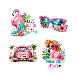 May include: A collection of four tropical-themed illustrations. One features a pink flamingo with a surfboard, another shows sunglasses with a beach scene, a third depicts a pink truck with a flamingo, and the last shows a flamingo in a hat.