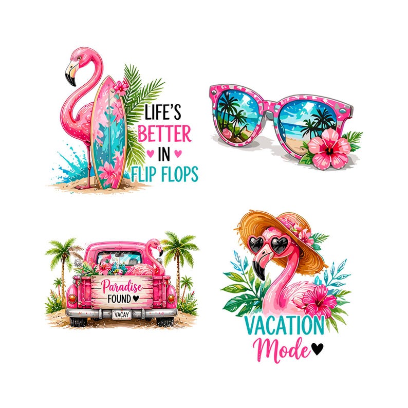 May include: A collection of four tropical-themed illustrations. One features a pink flamingo with a surfboard, another shows sunglasses with a beach scene, a third depicts a pink truck with a flamingo, and the last shows a flamingo in a hat.