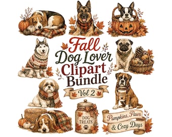 Fall Dog Clipart Bundle | Autumn Puppy PNG Graphics, Cozy Dog Lover Illustrations, Pumpkin Spice Dogs for Sublimation & Crafts - Vol 2