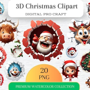 Weihnachten Clipart 3D Loch in der Wand Detaillierte Kunst Designs Weihnachtsmann, Schneemann, Pinguin, Elfen - PNG, mit kommerzieller Lizenz, Handwerk, Becher Design