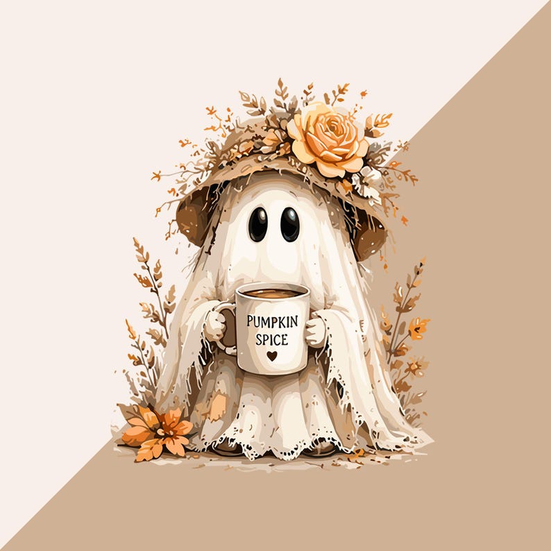 May include: A whimsical illustration of a ghost wearing a floral hat and holding a mug. The mug reads "Pumpkin Spice" with a heart. The ghost is draped in a white sheet with a lace trim, surrounded by autumn foliage and flowers.