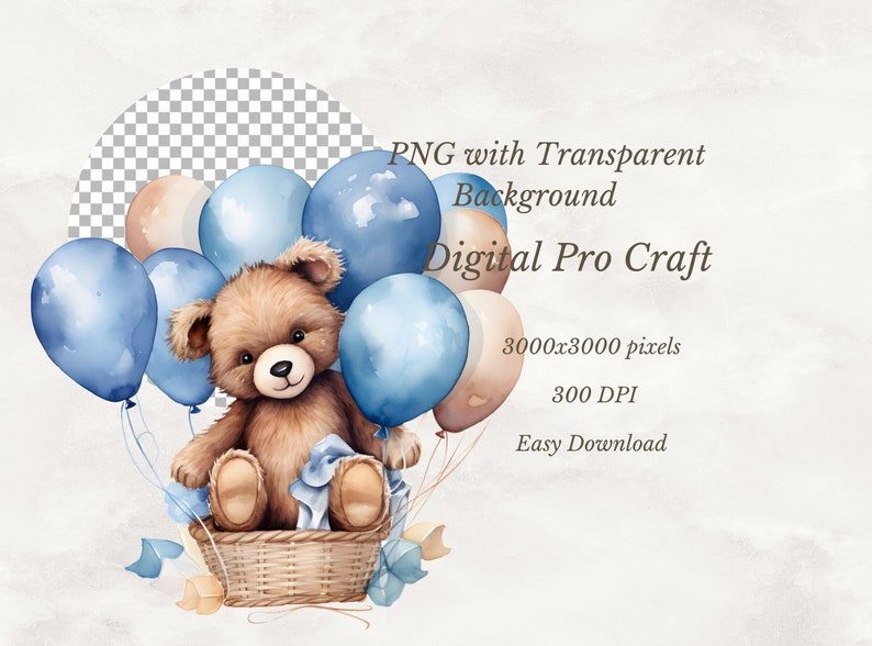 Watercolor Teddy Bear Clipart Bundle, Baby Boy Clipart, Baby Shower ...