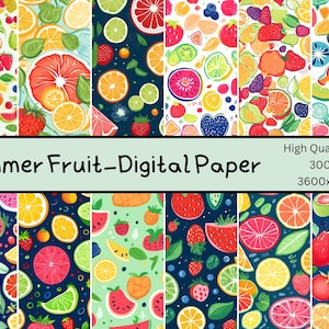 Papier numérique Fruits d'été, Papier aquarelle, Stickers pour agenda, Papier coloré, Papier brillant, Pack d'autocollants pour agenda, Papier numérique d'été