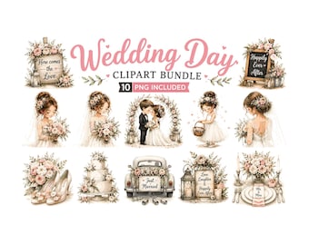 Wedding Clipart Bundle | Watercolor Bride PNG, Just Married Car, Floral Wedding Cake, Bridal Clipart for Invitations and Scrapbooking