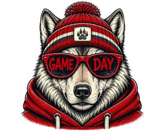 Husky Game Day PNG / Diseño de sublimación de mascota de perro genial / Descarga digital deportiva retro para camisetas / Gráfico de husky rojo y negro