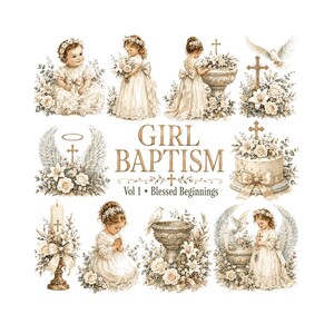 Może przedstawiać: Cyfrowa kolekcja ilustracji na chrzest dziewczynki zatytułowana GIRL BAPTISM Vol 1 Blessed Beginnings. Zawiera niemowlęta i dzieci w białych sukienkach, kompozycje kwiatowe, gołębie, krzyże, chrzcielnicę oraz tort.