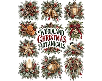 Woodland Christmas Clipart | Vintage Holiday Botanicals PNG | Rustic Winter Greenery, Pinecones, Bells, & Lanterns Digital Bundle