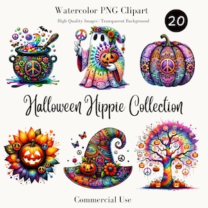 Colección de imágenes prediseñadas de hippies de Halloween / Hippie fantasma PNG / Tie Dye de calabaza hippie / Diseño de sublimación / Descarga instantánea para manualidades