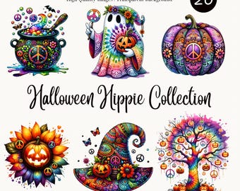 Collection de cliparts hippies Halloween | Fantôme hippie PNG | Tie Dye citrouille hippie | Conception par sublimation | Téléchargement instantané pour travaux manuels