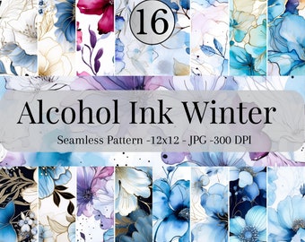 Winter Alcohol Ink Flowers Seamless Patterns - Floral Ink Digital Paper-16 Designs - 12x12in-Commercial Use-Alcohol Ink Flowers Patterns