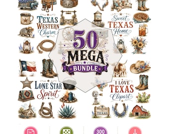 Texas Western Clipart Bundle | 50 Rustic PNG Graphics | Lone Star State,Cowboy Boots,Bluebonnets, Longhorn | Commercial Use Digital Download