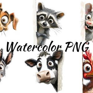 Schrullige Tiere, die um die Ecke spähen Clipart - Humorvolle wunderliche Tiercharaktere Png für digitalen Download und kommerzielle Nutzung