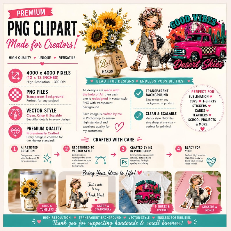 Peut inclure: Une fiche de conception graphique num&eacute;rique pr&eacute;sentant des illustrations de bocaux de tournesols, un personnage de dessin anim&eacute; avec un coq et un camion rose avec le texte Good Vibes Desert Skies. La mise en page inclut des sp&eacute;cifications techniques.
