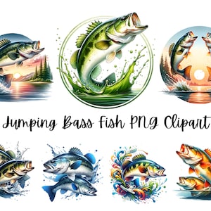 Watercolor Jumping Bass Fish Collection Clipart, 12 PNG Fish Clipart, Funny Bass Fish, Fishing Fish PNG, Fish Clipart Bundle, Commercial Use