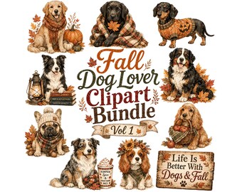 Fall Dog Clipart Bundle | Autumn Watercolor Puppy Graphics | Golden Retriever, Dachshund, Frenchie PNG | Cozy Dog Lover Digital Art,Vol.1