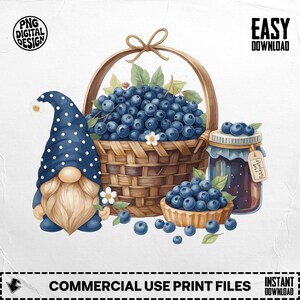 Blueberry Gnome Digital Download, Clipart PNG SVG, Summer Fruits Basket, Berry Jam, Cute Cartoon Character for Crafts, Scrapbooking