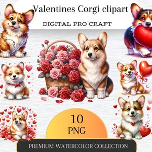 Gráficos png de Valentines Corgi, San Valentín imprimible, Imágenes prediseñadas de perro acuarela, Conjunto de 10, Fondo transparente, Uso comercial