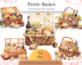 Watercolor Picnic Basket clipart, 10 high quality PNG files, summer clipart, printable graphics, food clip art