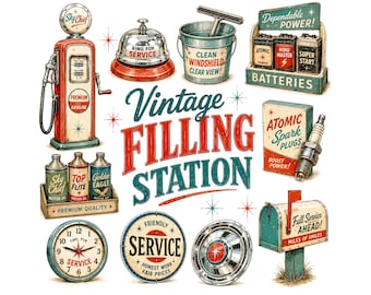 Vintage Filling Station Clipart | Retro Gas Pump & Garage Signs Bundle | Mid-Century Automotive Graphics for Junk Journals and Crafts