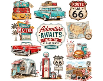 Puede incluir: Una colección de ilustraciones con temática de viaje por carretera vintage que incluye un coche familiar azul verdoso, un descapotable rojo, una caravana plateada, maletas, una señal de la Ruta 66, un batido, una hamburguesa, un mapa y un surtidor.