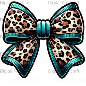 May include: A large teal and brown bow with a leopard print pattern. The bow is tied in a knot and the ends are curled.