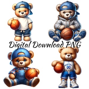 Paquete de imágenes prediseñadas de osito de peluche de baloncesto, gráficos de guardería, imágenes prediseñadas de baloncesto, fondo transparente de osito de peluche PNG, con uso comercial