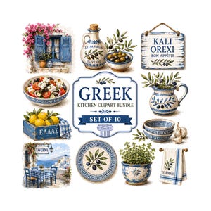 May include: A Greek kitchen clipart bundle featuring ten illustrations including a window with pink flowers, olive oil, a sign reading KALI OREXI, a Greek salad, a crate with lemons labeled ELLAAS, a pitcher, bowls, a plate, a plant, and a towel.