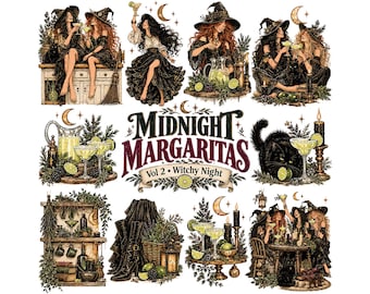 Midnight Margaritas Clipart | Witchy Night Out PNG Bundle | Whimsical Witches, Black Cats, & Cocktails for Junk Journals Sublimation