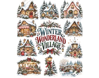 Winter Village Clipart Bundle, Christmas Cottage PNG, Watercolor Snowy House Graphics, Holiday Village Illustrations, Commercial Use