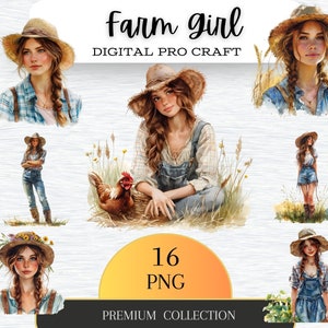 Lot de 16 Clipart aquarelle de filles de la ferme, PNG Transparent, téléchargement numérique, Junk Journal de scrapbooking, jolie fille, usage Commercial