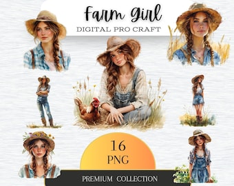 Set of 16 Farm Girls Watercolor Clipart Bundle, Transparent PNG, Digital Download, Junk Journal Scrapbooking, Pretty Girl , Commercial Use