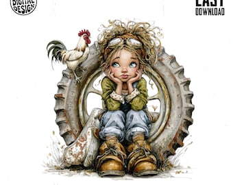 Farm Girl JPG Clipart, Set of 10, Digital Art, Country Girl Clipart, Rustic PNG, Tractor Wheel, Chicken Illustration, Instant Download