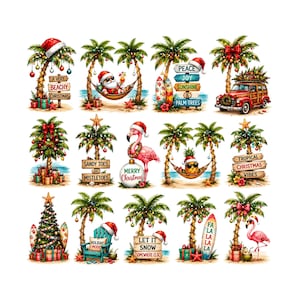 Puede incluir: Una colección de ilustraciones navideñas con un toque tropical. Las palmeras están decoradas con adornos, gorros de Papá Noel y luces navideñas. Algunas escenas incluyen a Papá Noel relajándose en una hamaca, un flamenco y un coche antiguo. El texto incluye "Merry Christmas" y "Tropical Christmas Vibes."