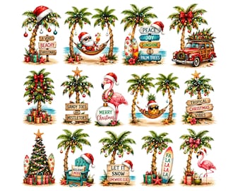 Tropical Christmas Clipart Bundle | Beachy Christmas PNG | Summer Santa, Flamingo, Palm Tree Graphics | Coastal Holiday Sublimation Designs
