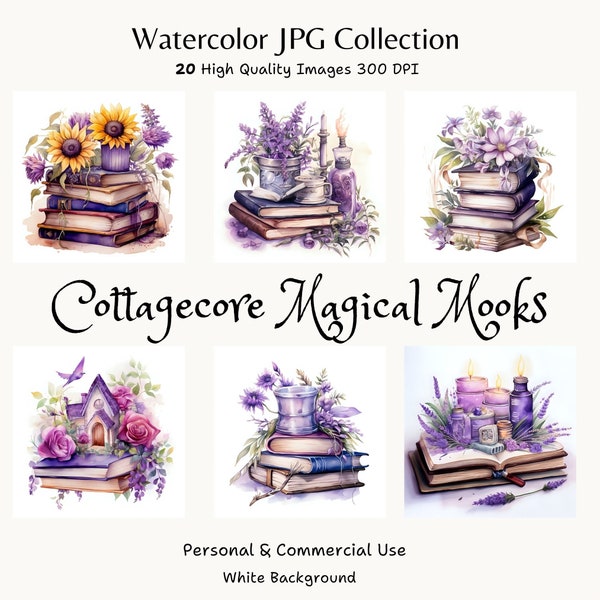 Watercolor Cottagecore Magical Books with Lavender Clipart, Countryside Rustic Illustrations, High-Quality JPG Images for Digital Downloads