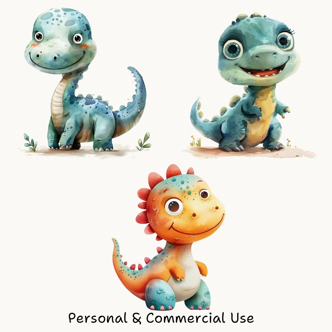 Baby Dinosaur Watercolor PNG Clipart Set, Cute Dinosaur Digital ...