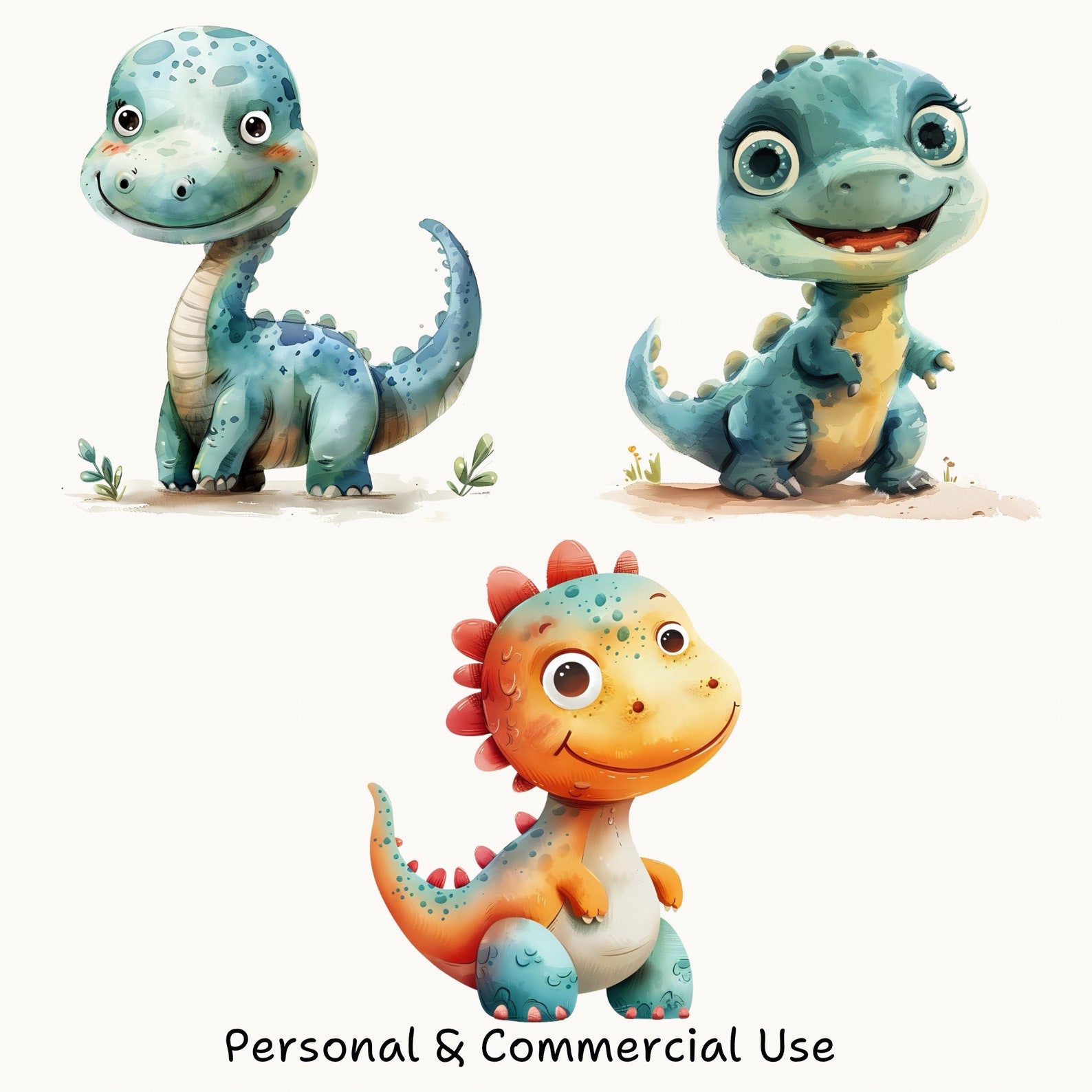 Baby Dinosaur Watercolor PNG Clipart Set, Cute Dinosaur Digital ...