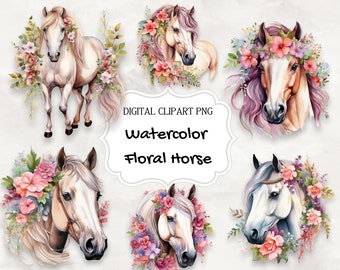 May include: Six watercolor illustrations of horses with floral wreaths. Each horse has a different pose and floral arrangement. The illustrations are in a soft, romantic style.