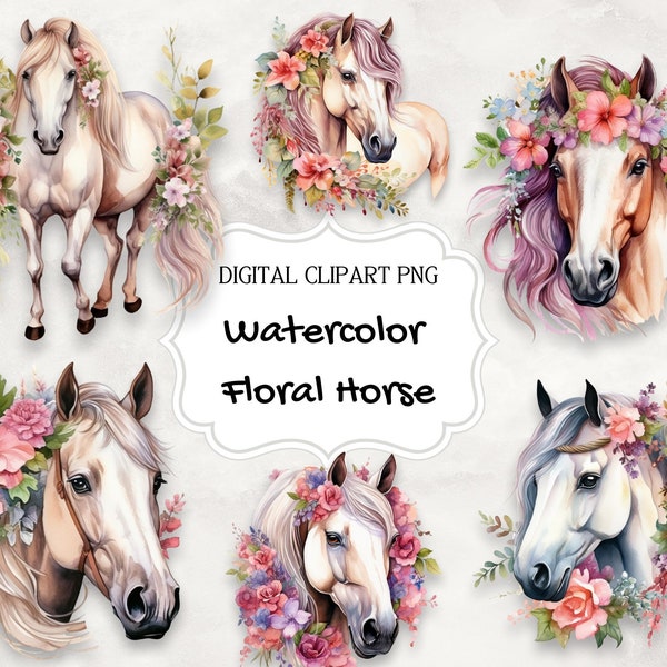 Set di 12, ClipArt di cavallo floreale ad acquerello, Png di cavallo floreale, Png di cavallo ad acquerello, Creazione di cartoline, Arte della parete, Cavallo floreale in formato Svg, PNG digitale