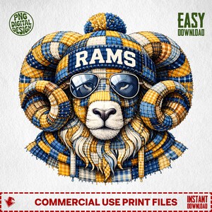 May include: A digital illustration of a ram wearing a blue and yellow plaid hat with the word "RAMS" across the front. The ram is also wearing sunglasses. The image has the text "PNG DIGITAL DESIGN" and "EASY DOWNLOAD".