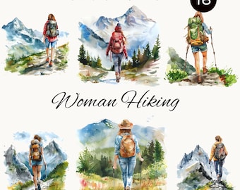May include: Watercolor illustrations of women hiking in the mountains. The women are wearing backpacks and carrying hiking poles. The mountains are painted in shades of blue, green, and brown. The illustrations are set against a white background.