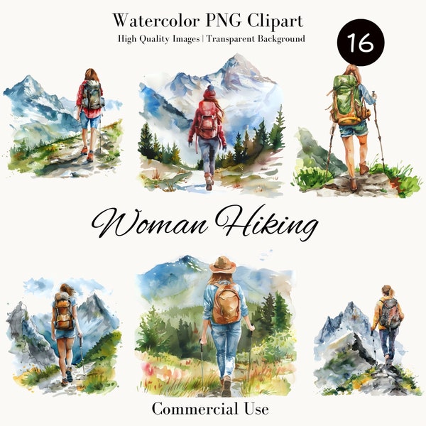 16 Woman Hiking Clipart Set, Mountain Hiking Printable Watercolor Designs,High-Quality PNG Digital Download and Paper Crafts, Junk Journal