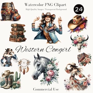 Zestaw klipartów Western Cowgirl, akwarela PNG, pobieranie cyfrowe, z kwiatowymi wzorami koni i boho kowbojskich kapeluszy na koszulki i nie tylko