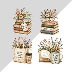 K&ouml;nnte beinhalten: Vier Illustrationen mit B&uuml;cherstapeln, einer Tragetasche und Tassen, die mit Blumenarrangements verziert sind. Der Text umfasst "Currently Reading", "Just one more chapter", "BOOKS ARE MY LOVE LANGUAGE", "Fueled by caffeine & fiction" und "Books Coffee & Peace".