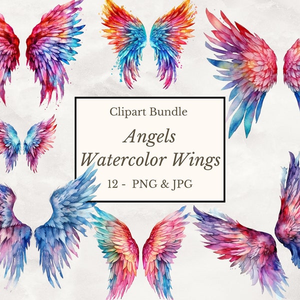 12 Angel Wings Watercolor Clipart JPGs, High Quality, Digital Download, Card Making, Clip Art, Digital Paper Craft, angel wings, angel wings