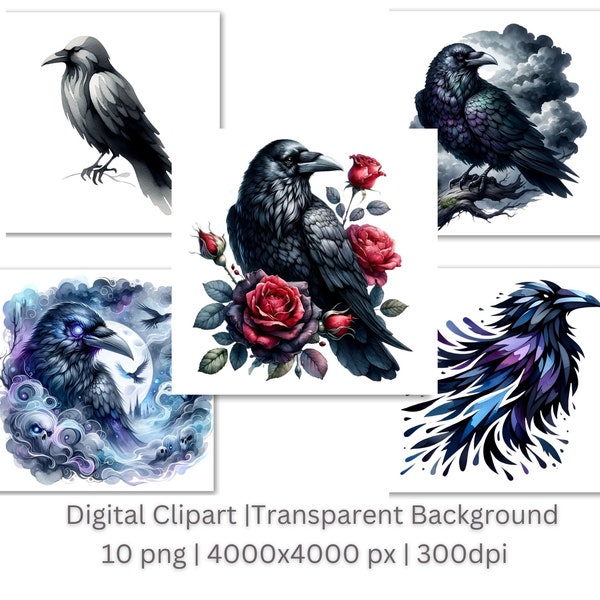 Gothic Raven Clipart, Red Rose Flower Art, Digital Download PNG, Bird Illustration, Dark Floral Graphics, Tattoo Design, Commercial Use